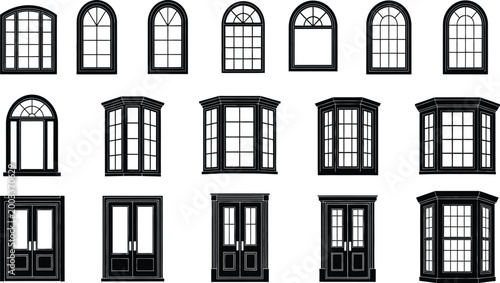 Set of black window and door icons with different vintage styles and frames