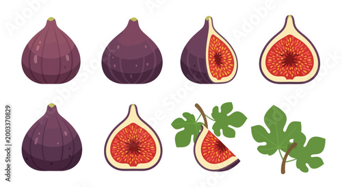 Tableau sur toile Fresh figs whole sliced and leafy sprigs