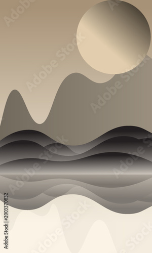 A serene sunset scene: a lone acacia tree silhouetted against a clear, gradient sky, overlooking rolling hills at dusk. Vector illustration