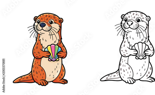Cute Cartoon Otter Holding a Colorful Seashell Illustration and Line Art Set for Kids Coloring Book Activity Vector Isolated on White Background