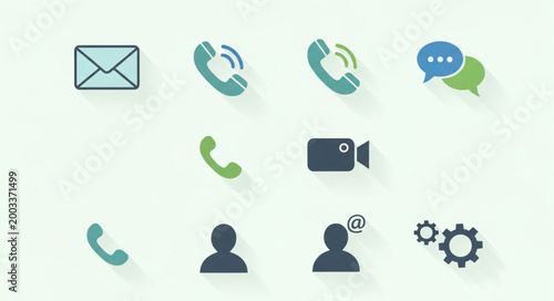 Set of communication and technology icons with shadows.