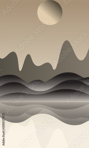 A serene sunset scene: a lone acacia tree silhouetted against a clear, gradient sky, overlooking rolling hills at dusk. Vector illustration