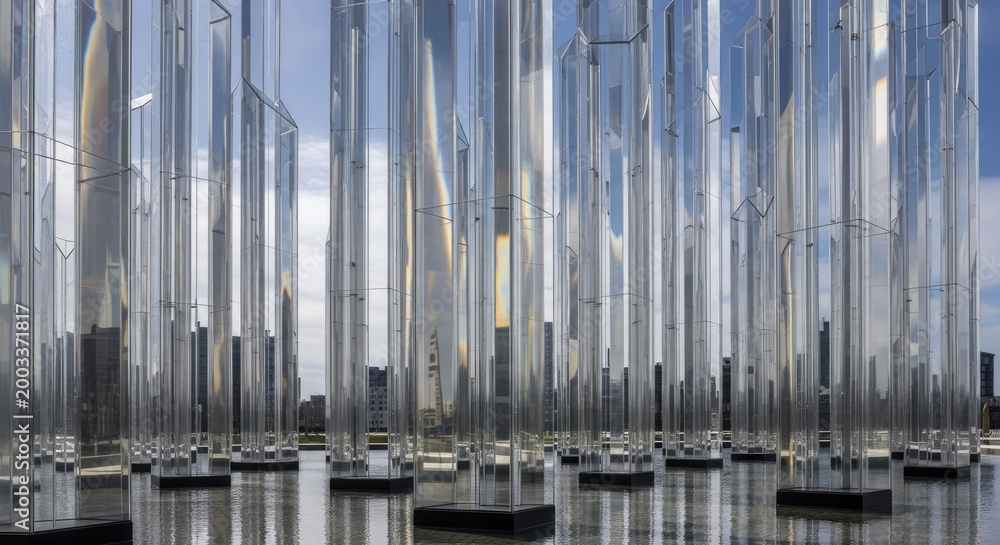 Obraz premium Abstract architectural display of vertical transparent columns reflecting daylight