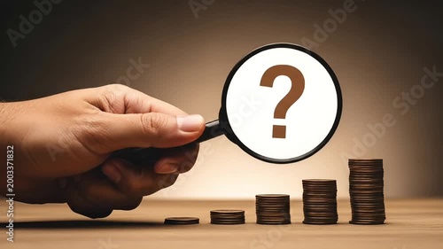 Hand holding magnifying glass with question mark examining stacked coins financial investigation concept