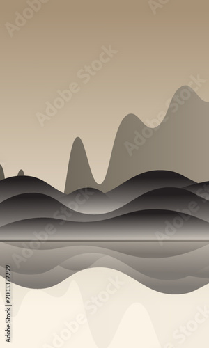 A serene sunset scene: a lone acacia tree silhouetted against a clear, gradient sky, overlooking rolling hills at dusk. Vector illustration