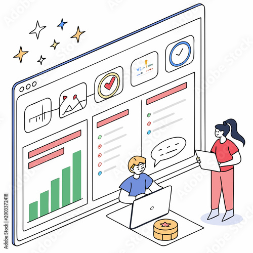 People discussing data on a large computer screen analysis