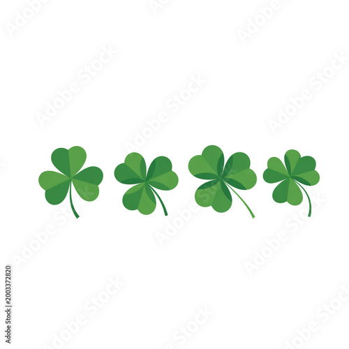 Green shamrock and four leaf clover vector set, lucky St Patricks Day symbols on white background