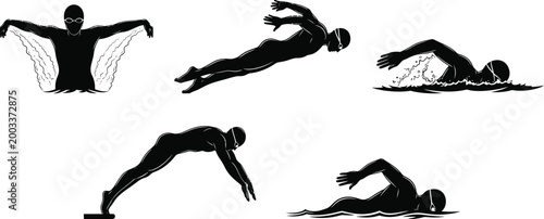 Swimming vector silhouettes diverse poses for sport fitness graphics