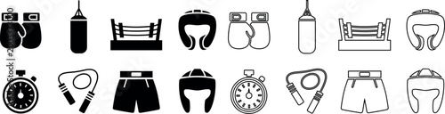 Collection of boxing equipment icons and graphic elements for sports and training representation