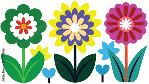 Three colorful blooming flowers in row with vibrant green and yellow petals vector artwork