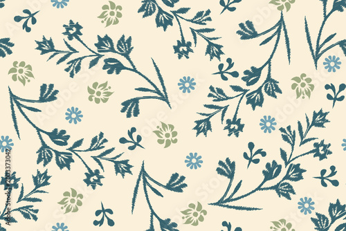 Vintage Embroidered Look Seamless Pattern with Blue and Green Flowers, Sketchy Hand-Drawn Botanical Flower Background, Organic Leaf Textile Print for Boho Wallpaper, Fabric, and Modern Home Decor