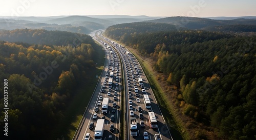 Massive traffic jam on highway surrounded by autumn forest, aerial view.