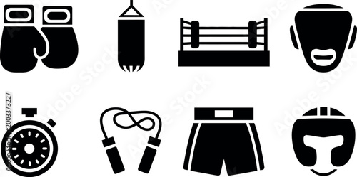 Collection of boxing equipment icons including gloves shorts ring stopwatch and punching bag on transparent background