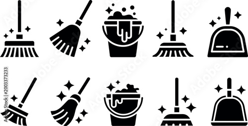 Collection of cleaning tools including brooms dustpans and buckets with sparkling effects isolated on transparent background