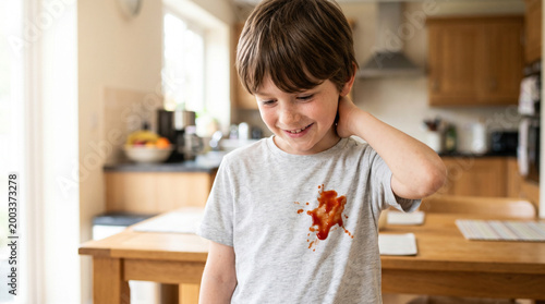 Young boy smiling with ketchup stain on his shirt in kitchen  