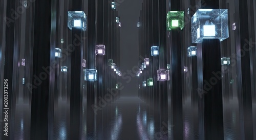 Abstract futuristic design with glowing cubes and vertical lines