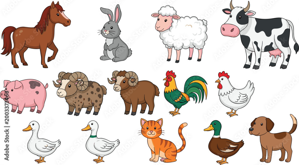 Fototapeta premium Farm Animal Set with Horse, Pig, Sheep, Cow, Rooster, Duck, Cat, Rabbit, and Dog Vector Illustration