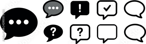Collection of communication and speech bubble icons with various symbols including question marks and checkmarks