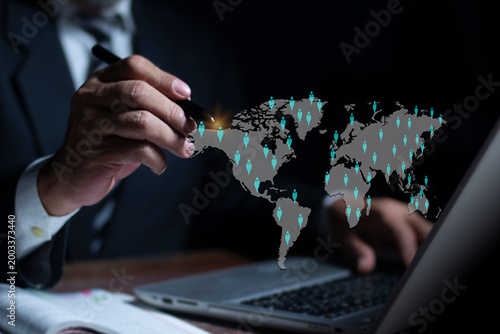 Social network and global recruitment, international workforce connection, HR, HRM strategy and team collaboration using digital technology for managing employees across the world