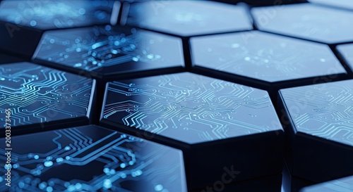 Abstract futuristic hexagonal circuit board design with digital lines and details