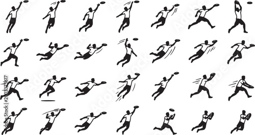 Bilde på lerret Ultimate Frisbee Athlete Aerial Catch Silhouette Icon Set.