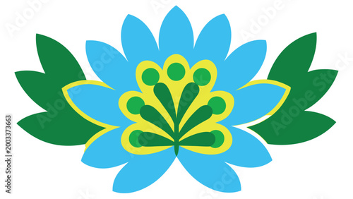 Abstract blue lotus flower icon with green internal decorative elements and pointed petals