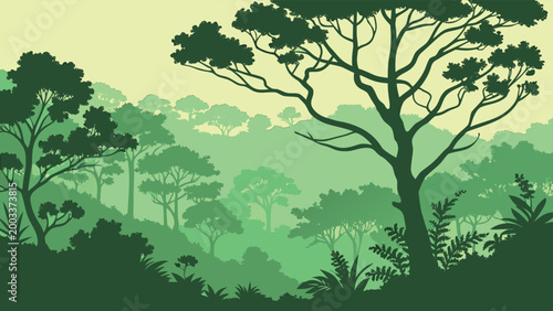 Vector collection of serene green nature landscapes, forest woods, mountain rivers, and bamboo groves in minimalist flat style.