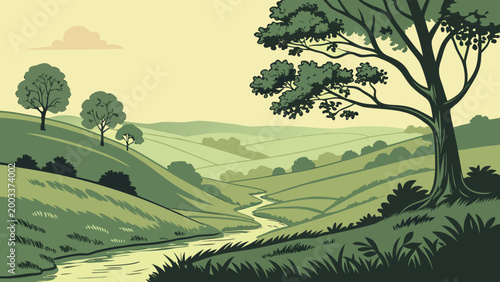 Vector collection of serene green nature landscapes, forest woods, mountain rivers, and bamboo groves in minimalist flat style.