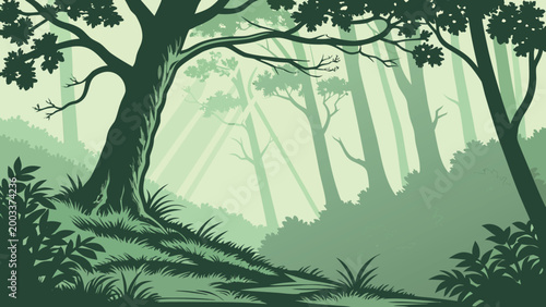 Vector collection of serene green nature landscapes, forest woods, mountain rivers, and bamboo groves in minimalist flat style.