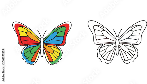 Set of Colorful Rainbow Butterfly and Black Line Art Outline Vector Illustration for Kids Coloring Book Page, Educational Activities, and Creative Graphic Design Elements