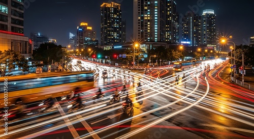 Nighttime city traffic light trails, urban commute, bustling metropolis, modern cityscape
