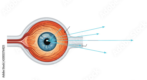 Detailed anatomical cross-section of a human eye showing internal structures and the path of light rays through the lens.