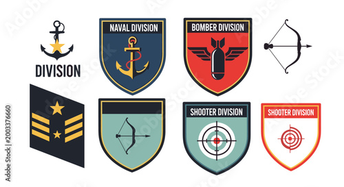 Collection of military division patches, navy emblems, and rank insignias including archer, shooter, and naval themes.