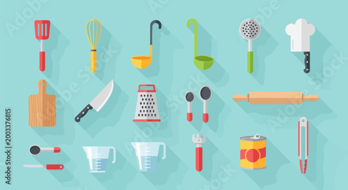 Kitchen utensils set on green background