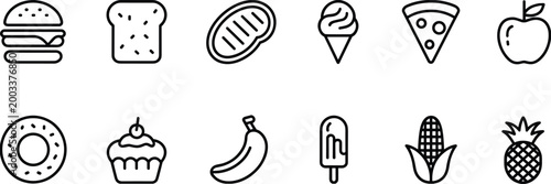 Assorted Food and Drink Icons Featuring Burger, Pizza, Ice Cream, and Fruit Keywords: food, drink, icon, set, burger, hamburger, bread