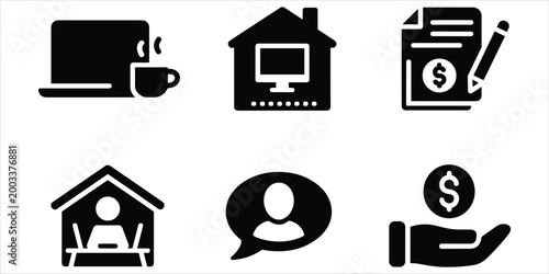 Remote Work and Finance Icons with Laptop, House, and Money Symbols Keywords: remote work, work from home, freelance, business, finance