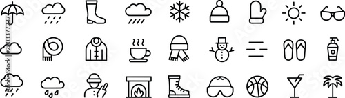 Collection of Weather and Seasonal Icons Including Snow Sun Rain and Clothing symbols