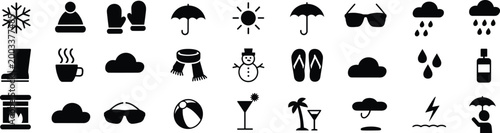 Diverse Collection of Black Icons Representing Weather and Seasonal Activities symbols silhouette