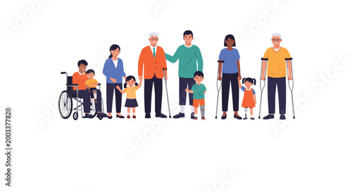 Diverse group of people with different physical disabilities including wheelchair users and individuals with prosthetic limbs.