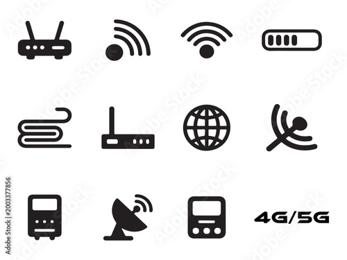 Wireless internet connection and network signal icons for connectivity technology