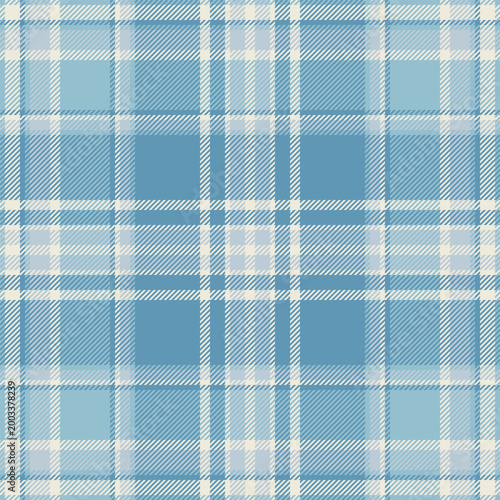 Geometrical background textile fabric, wool tartan pattern texture. Scarf seamless check plaid vector in light and cyan colors.