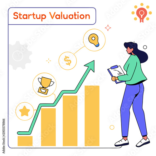 Startup valuation graph with a woman and increasing arrow chart