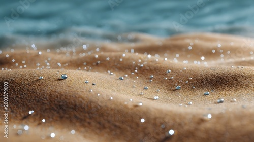 Close up view of rippled wet sand sparkling with delicate water droplets at the edge of the calm ocean