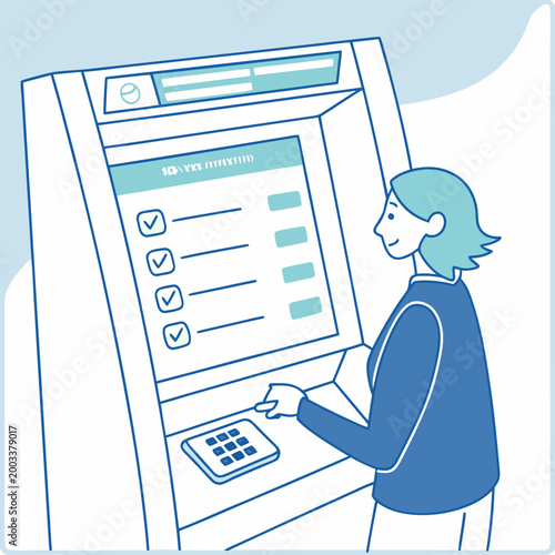 Woman using an atm machine with a calculator banking
