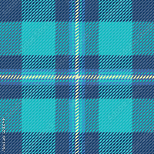 Birthday textile vector texture, room plaid check background. Mexican tartan seamless pattern fabric in cyan and blue colors.