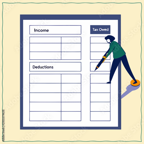 Person filling out tax form with income, tax owed, and deductions sections