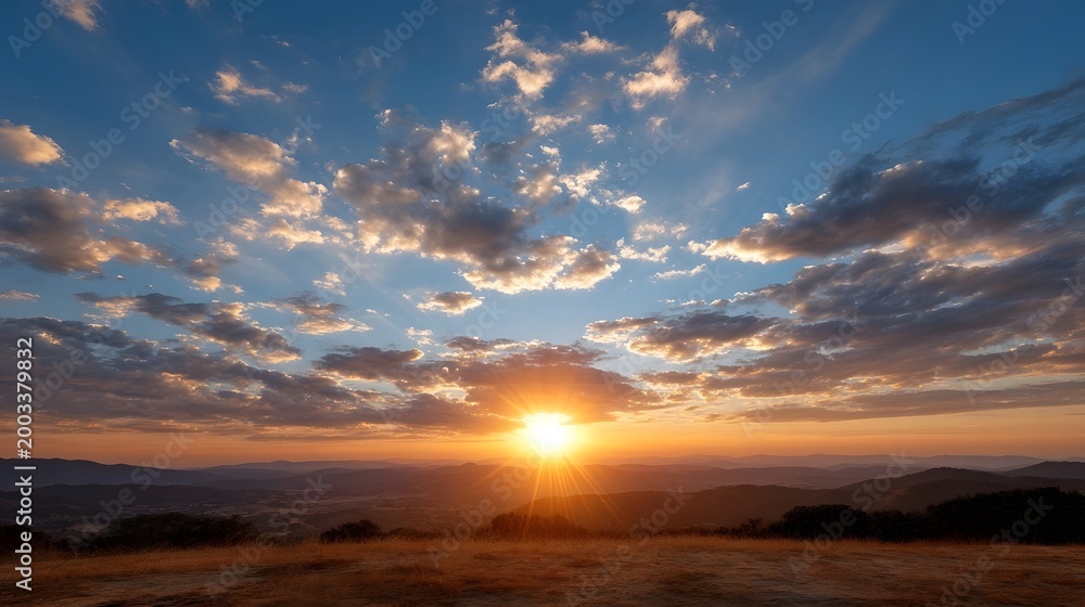 Fototapeta premium A breathtaking view of dramatic clouds and vibrant warm colors illuminating an open landscape at sunrise or sunset