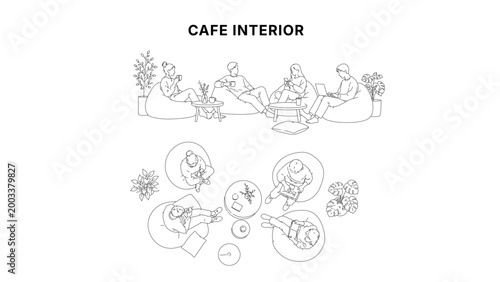 Minimal CAD lounge seating drawings with people on bean bags, coffee tables and indoor plants, top view and elevation social scene in clean architectural line style