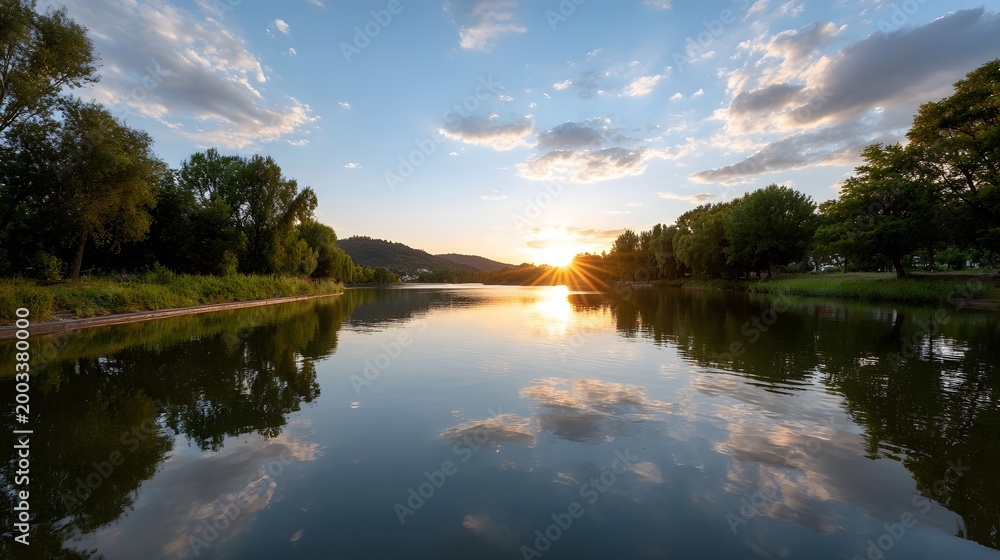 Obraz premium The serene sunset illuminates the sky and casts magnificent reflections onto the tranquil river s surface surrounded by lush green foliage