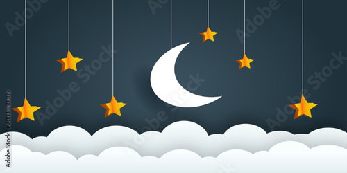 Moon and stars. clouds at night Vector paper-art.